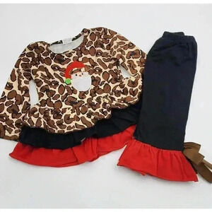 Boutique Girl's Size 12-18M Red, Black, and Animal Print Santa Ruffle Outfit